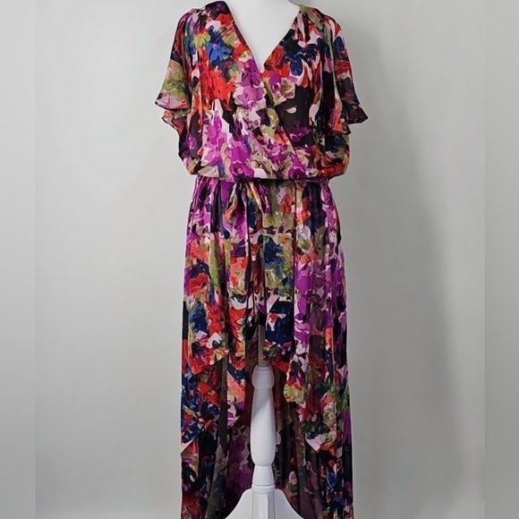 London Times Vibrant Floral High Low Sheer Flowy Tunic Dress Duster Top Sz:14W - Picture 1 of 16